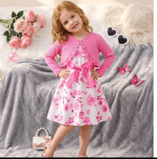 Young girl in a pink floral dress and cardigan standing on a soft surface with flowers and butterflies around.