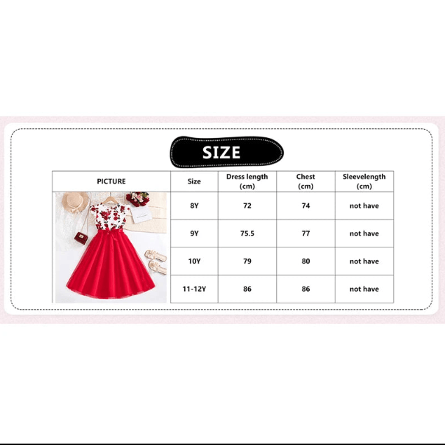 Size chart for a red dress with measurements in centimeters