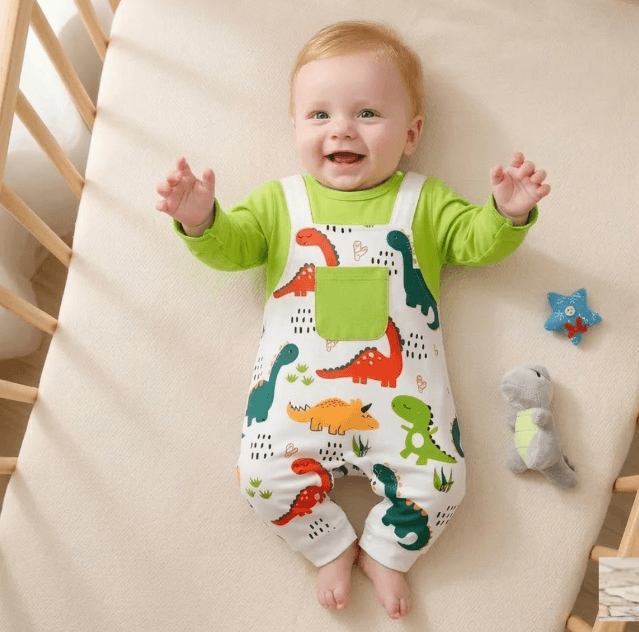 Baby wearing a green shirt and dinosaur-patterned overalls lying on a beige surface with toys around.