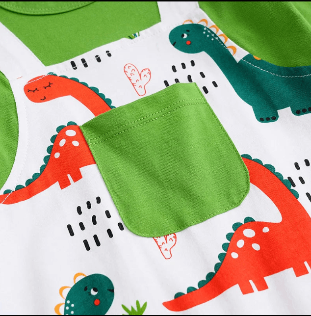 Children's clothing with dinosaur pattern and green pocket