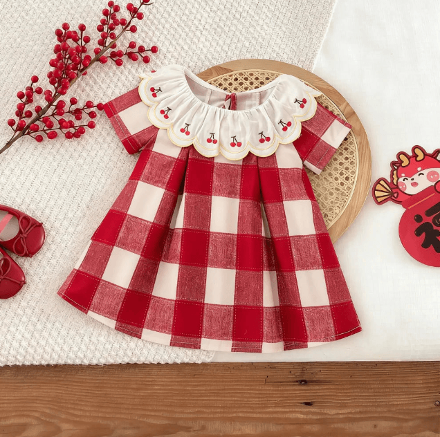 Red and white checkered dress with cherry collar on a textured surface with red berries and shoes.