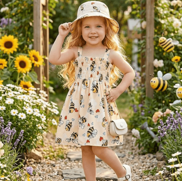 Young girl in a garden wearing a dress with bee pattern and a matching hat.