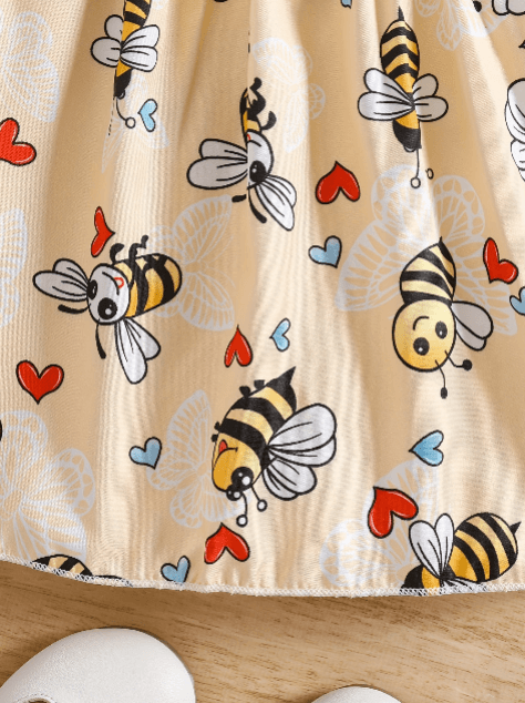 Beige fabric with cartoon bees and hearts pattern