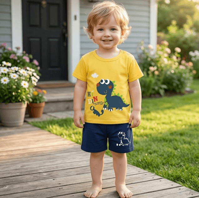 Child wearing a yellow shirt with a dinosaur design and blue shorts standing on a wooden deck.