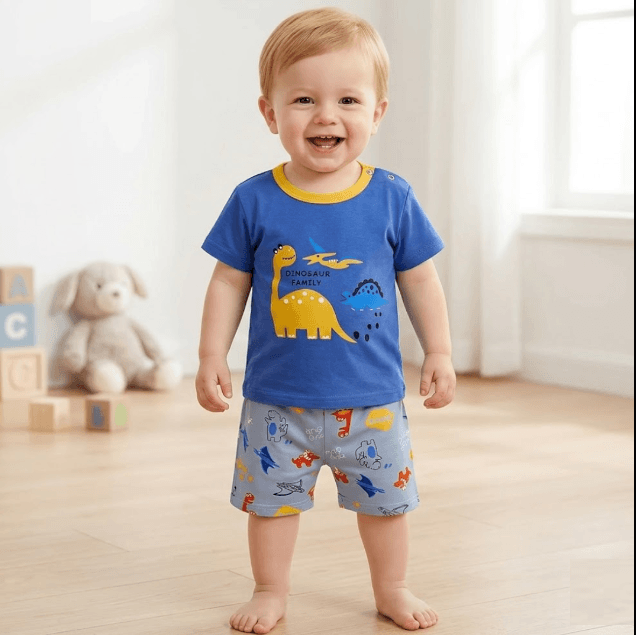 Child wearing a blue shirt with dinosaur designs in a room with toys and blocks.