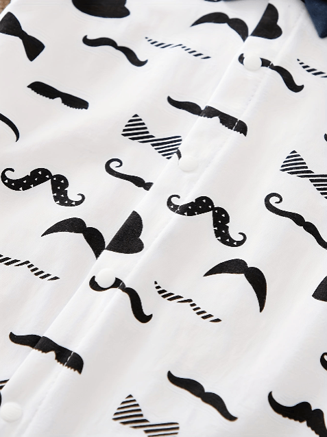 White fabric with black bow tie and mustache patterns