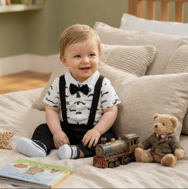 Child in a formal outfit with suspenders sitting on a couch with toys and books.