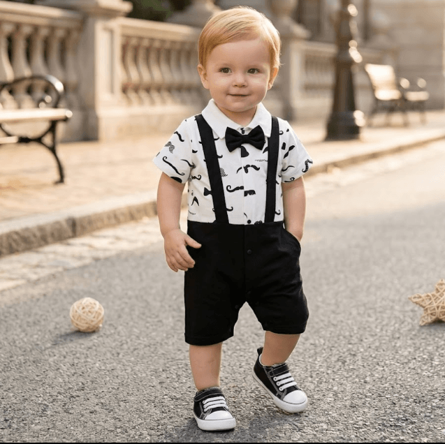 Child wearing a black and white outfit with suspenders and a bow tie on a street.
