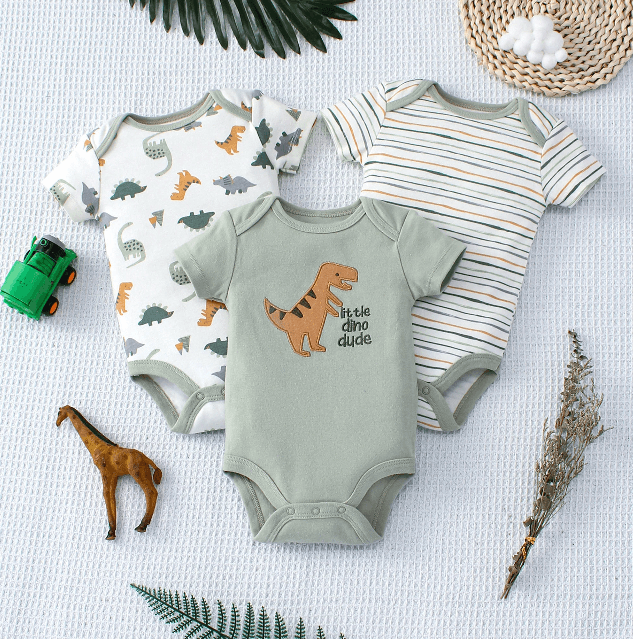 Collection of baby onesies with dinosaur designs on a light background