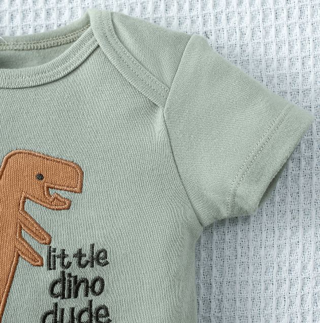 Light green baby onesie with brown dinosaur and black text 'little dino dude' on a textured white background