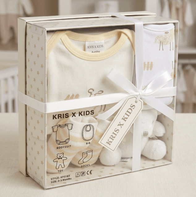 Baby gift set with clothes and toys in a transparent box, branded 'Kris x Kids'.