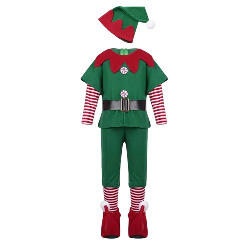 Green and red elf costume with hat, shirt, pants, and boots on a white background