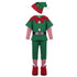 Green and red elf costume with hat, shirt, pants, and boots on a white background