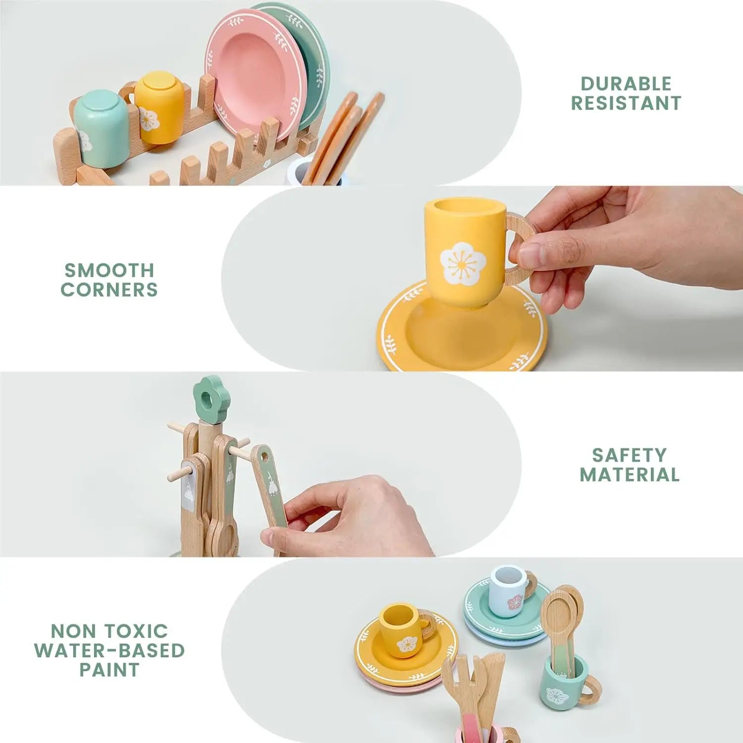 Children's play kitchen set with colorful cups, plates, and utensils on a white background.