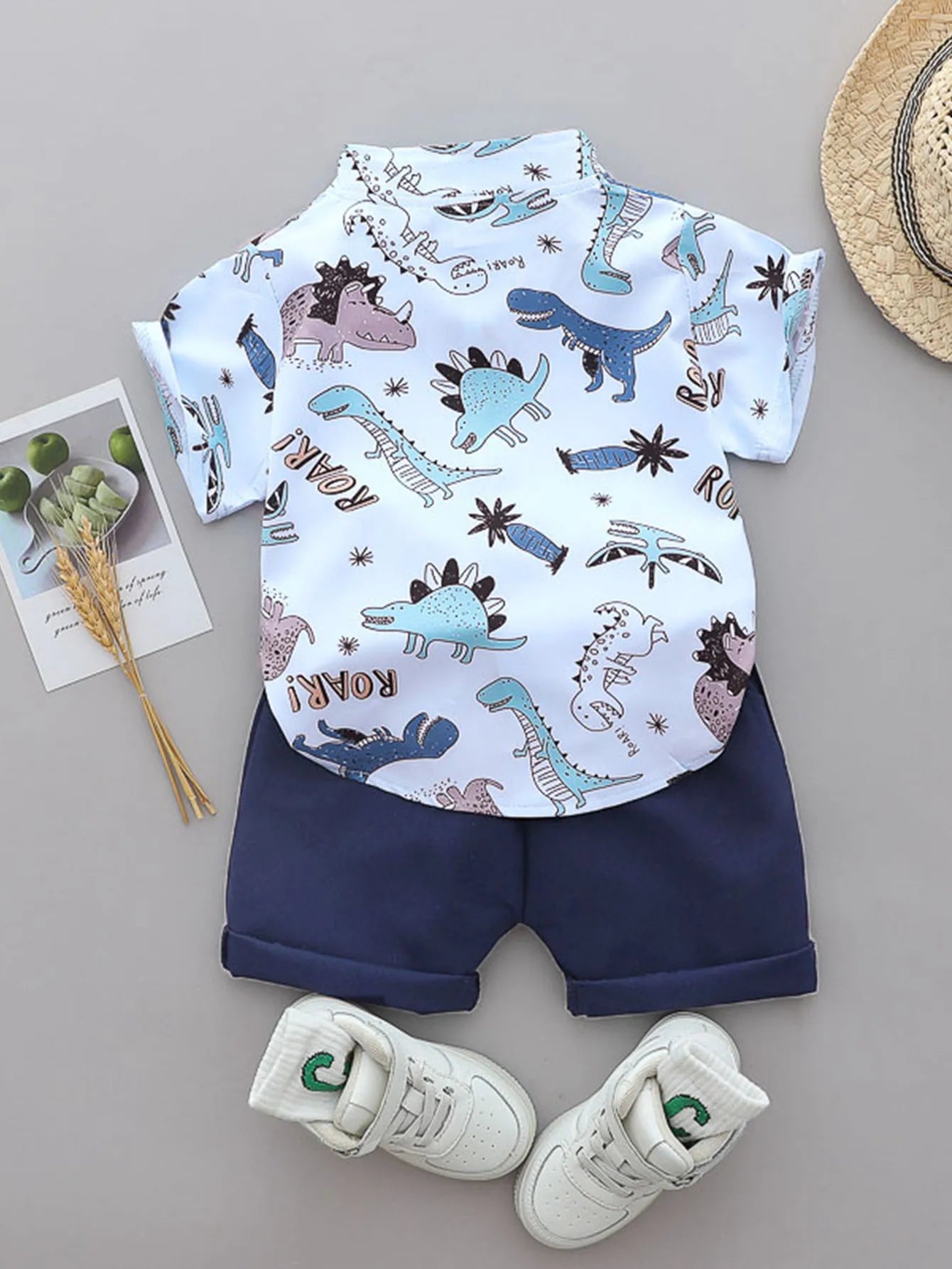 Toddler Boy Dino Print Shirt & Shorts 2pc Collar Set