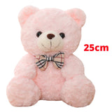 Pink teddy bear with a plaid bow tie on a white background, labeled '25cm'.