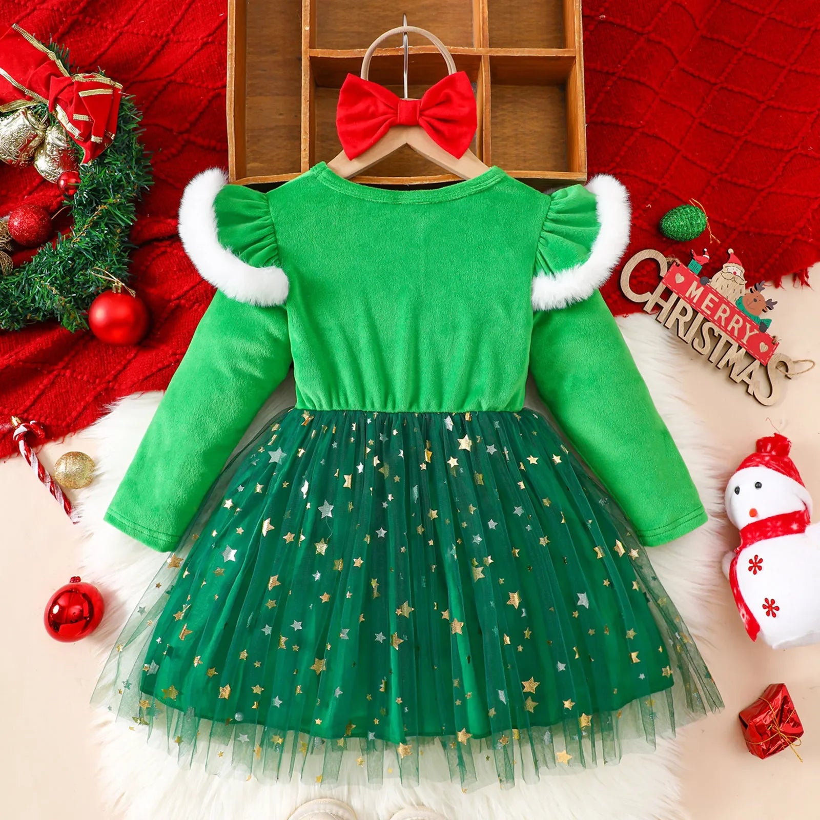 New Girls Velvet Tulle Christmas Dress | Long Sleeve + Bow