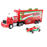 Green and Red Toy truck and car set with a white background