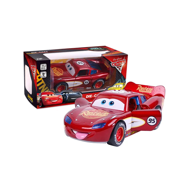 Red toy car with '95' and 'Lightning McQueen' branding in front of its packaging on a white background.