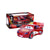 Red toy car with '95' and 'Lightning McQueen' branding in front of its packaging on a white background.
