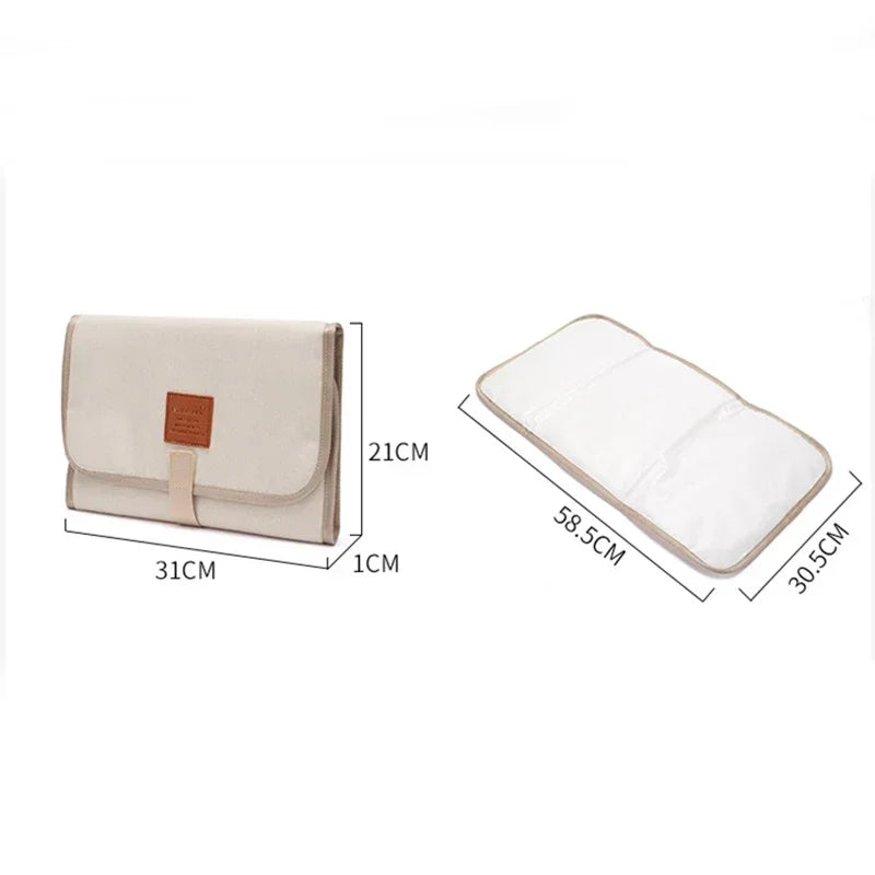 Measurement chart of a beige pouch and white mat on a white background