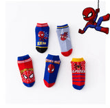 Spider-Man themed socks on a white background with Spider-Man character illustration.