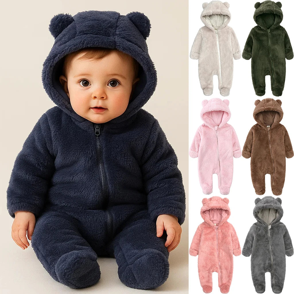 Baby in navy blue bear-themed onesie with color options displayed on the right.