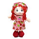 Plush doll with red hair, striped shirt, and strawberry-patterned dress on a white background