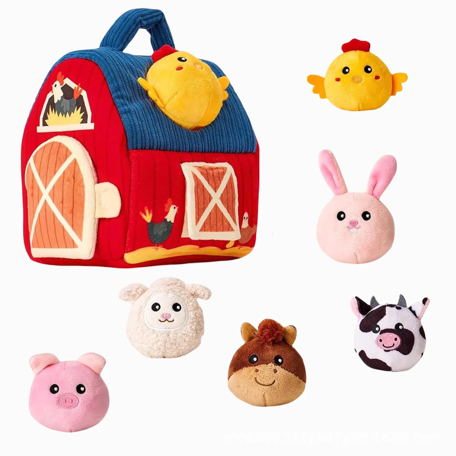 Plush farm animal toys including a barn, chicken, rabbit, sheep, horse, and cow on a white background.