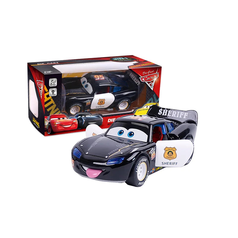 Toy car with 'Sheriff' on a white background, featuring Disney branding.