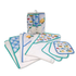 A baby towel set with white cotton cloths and hoodies featuring colorful construction vehicle prints and contrasting blue and teal borders, shown both folded and hanging in its packaging on a white background.