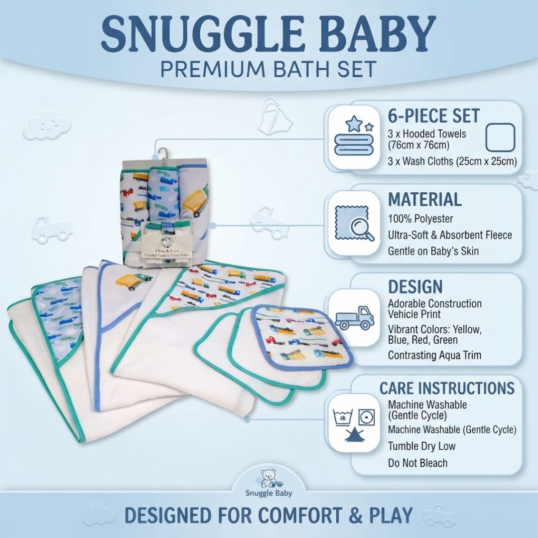 Snuggle Baby Premium Bath Set featuring a 6-piece set of hooded towels and wash cloths with a colorful vehicle print, displayed with informational text overlays on a light blue background.