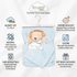A Snuggle tots baby blanket set featuring a light blue patterned blanket with a plush lion toy, shown on a white background with product details and feature callouts.