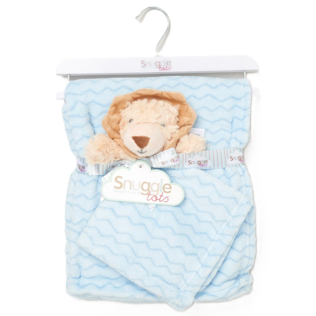A Snuggle Lotto baby blanket set featuring a light blue and white chevron patterned blanket with a plush lion toy tucked inside, packaged on a white hanger card.