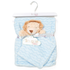 A Snuggle Lotto baby blanket set featuring a light blue and white chevron patterned blanket with a plush lion toy tucked inside, packaged on a white hanger card.