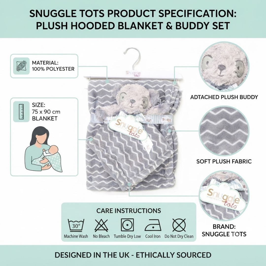 Product specification graphic for a Snuggle Tots plush hooded blanket and buddy set, showing the gray and white chevron blanket with a plush gray stuffed buddy, callout circles, care icons, and text detailing material, size, and care instructions.
