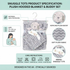 Product specification graphic for a Snuggle Tots plush hooded blanket and buddy set, showing the gray and white chevron blanket with a plush gray stuffed buddy, callout circles, care icons, and text detailing material, size, and care instructions.