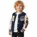 Child wearing a navy and beige varsity jacket with text on sleeves against a white background