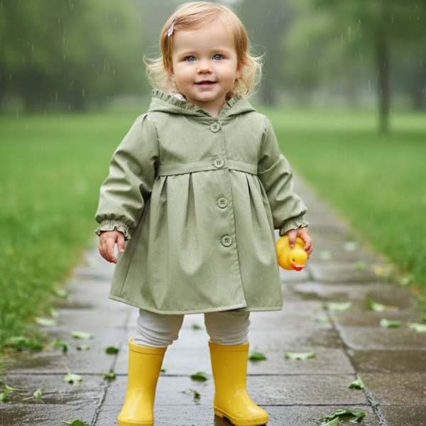 Child in a green raincoat and yellow boots standing on a wet path in a park.