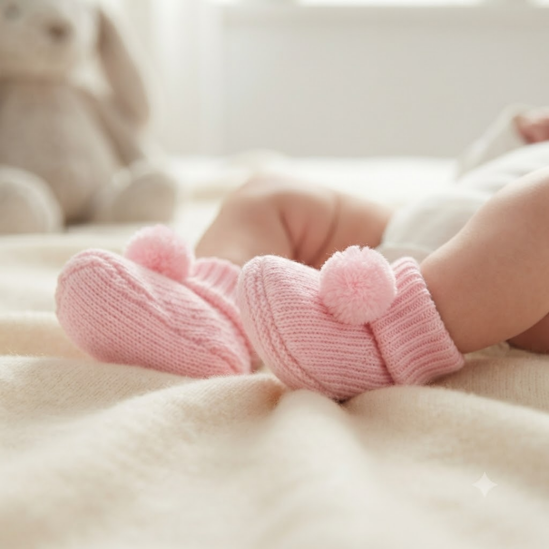 Soft Touch Pink Knitted Bootees with Pom Pom NB-6M
