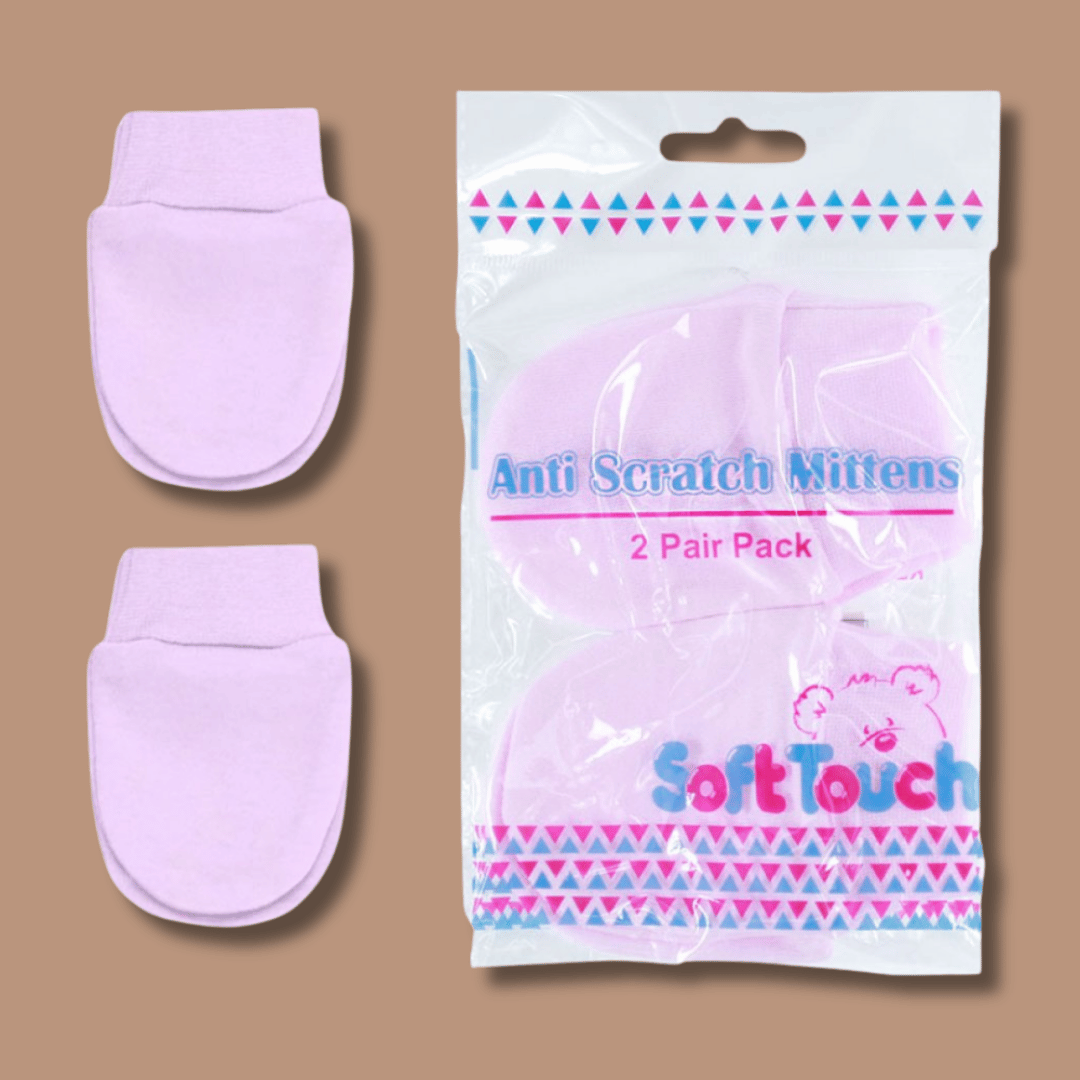 Pink anti-scratch mittens with packaging on a brown background