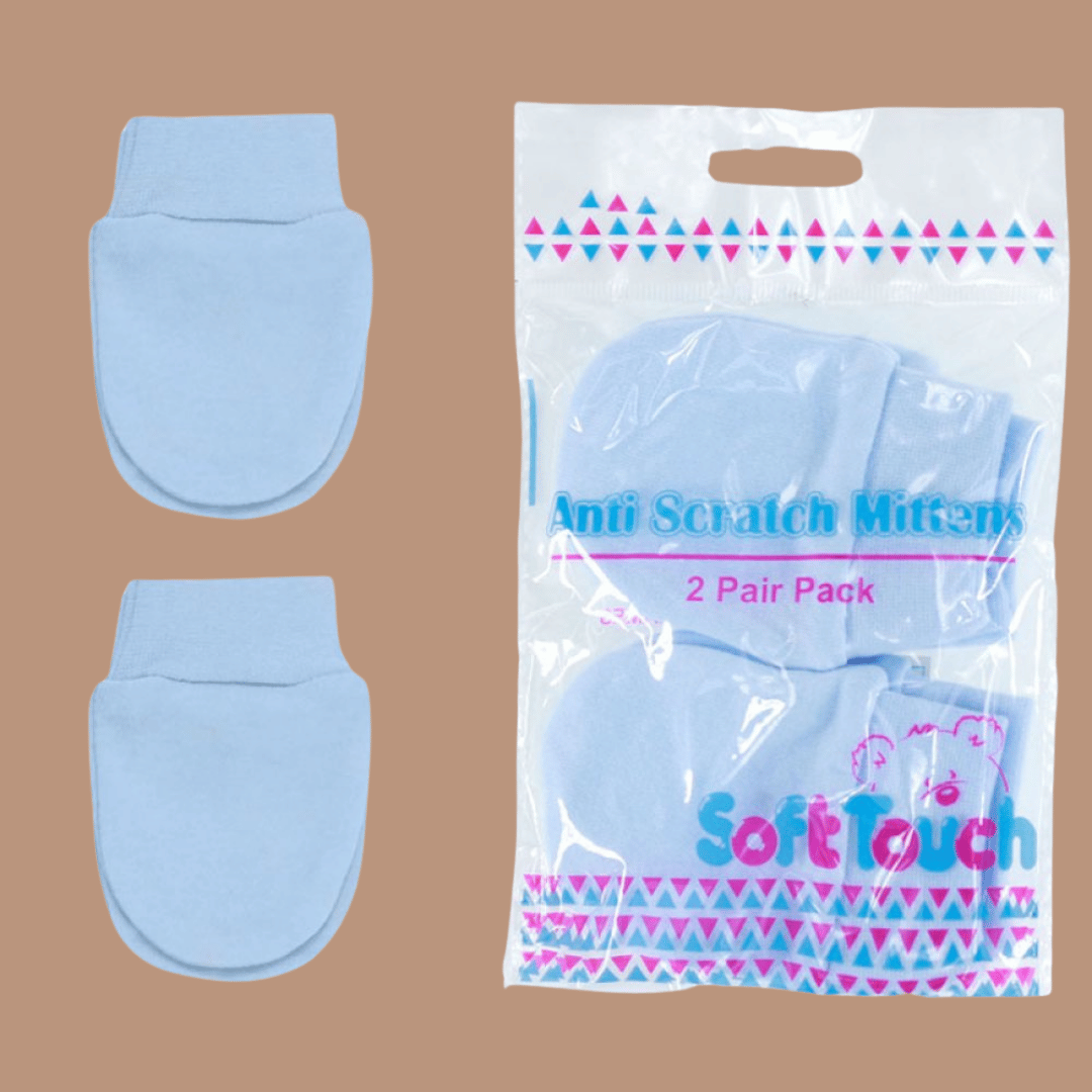Two blue anti-scratch mittens on a brown background with a clear packaging bag labeled 'Soft Touch' featuring two pairs.