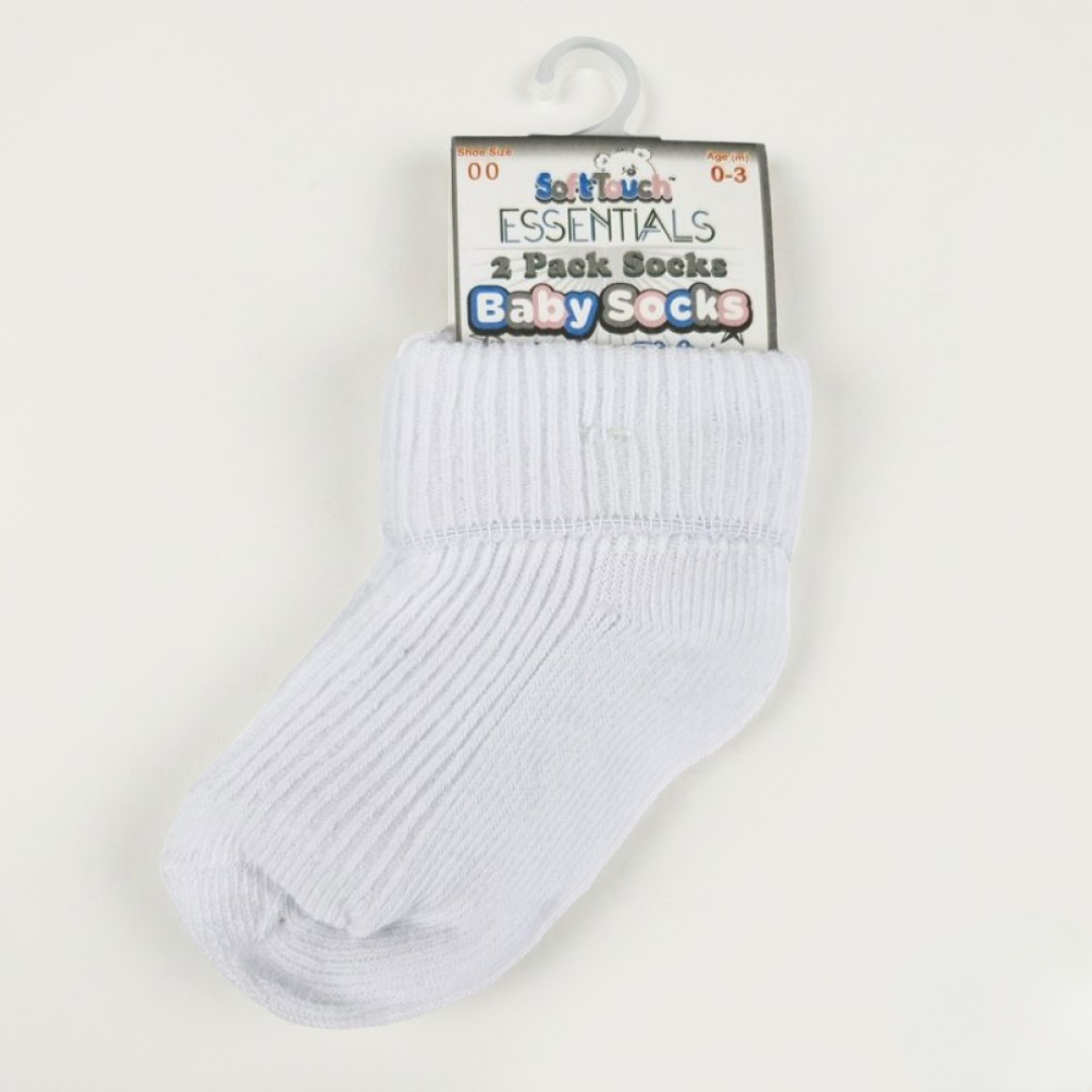 White baby socks in a 2-pack with 'Essentials' label on a white background