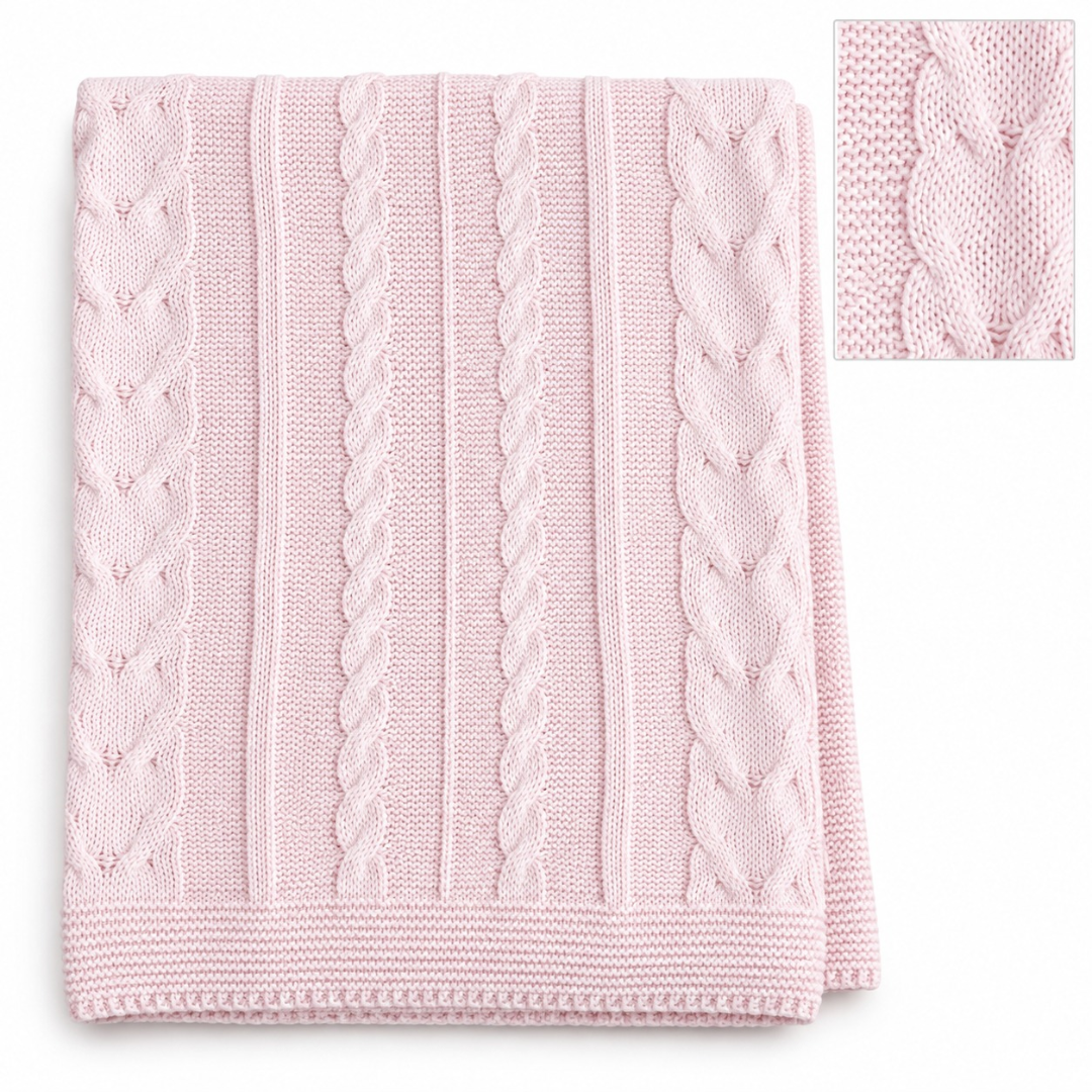 Folded soft pink knitted baby blanket featuring alternating vertical cable knit patterns and ribbed stripes against a plain white background, with a close-up inset in the top right corner showing the textured cable stitch detail.