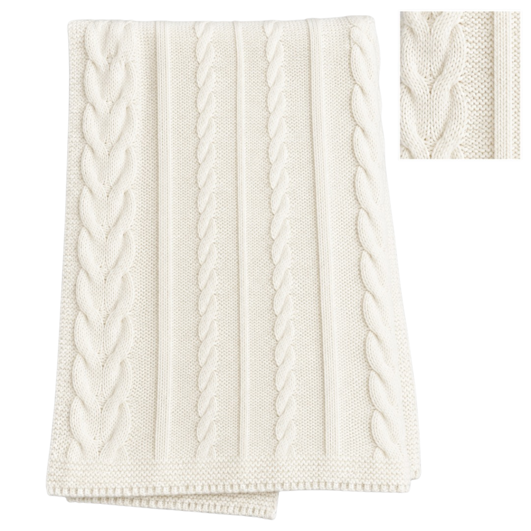  Folded cream-colored knitted baby blanket featuring alternating vertical cable knit patterns and ribbed stripes against a plain white background, with a close-up inset in the top right corner showing the textured cable stitch detail.