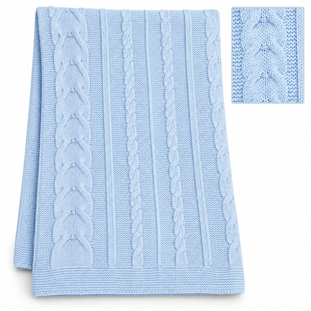 Folded light blue knitted baby blanket featuring alternating vertical cable knit patterns and ribbed stripes against a plain white background, with a close-up inset in the top right corner showing the textured cable stitch detail.