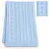 Folded light blue knitted baby blanket featuring alternating vertical cable knit patterns and ribbed stripes against a plain white background, with a close-up inset in the top right corner showing the textured cable stitch detail.