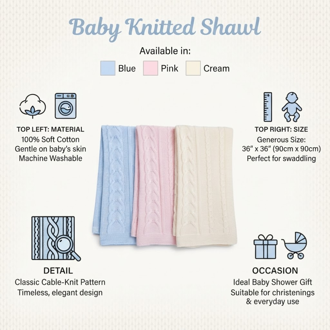 Product infographic for the Baby Knitted Shawl showing material, size, pattern details, and gift occasions across blue, pink, and cream color options.