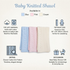 Product infographic for the Baby Knitted Shawl showing material, size, pattern details, and gift occasions across blue, pink, and cream color options.