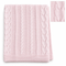 Folded soft pink knitted baby blanket featuring alternating vertical cable knit patterns and ribbed stripes against a plain white background, with a close-up inset in the top right corner showing the textured cable stitch detail.